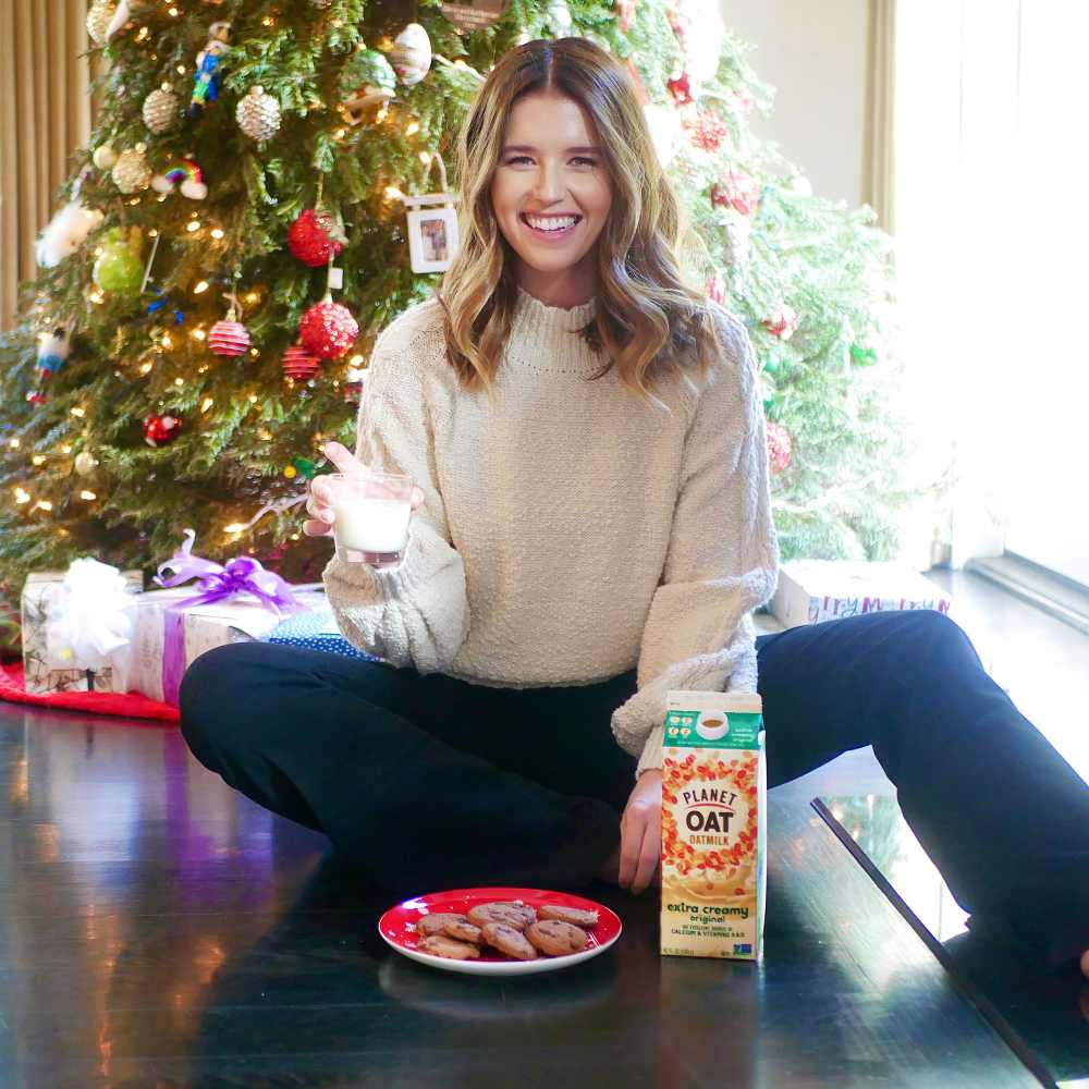 Katherine Schwarzenegger Pratt enjoying her Planet Oat oatmilk and cookies this Holiday