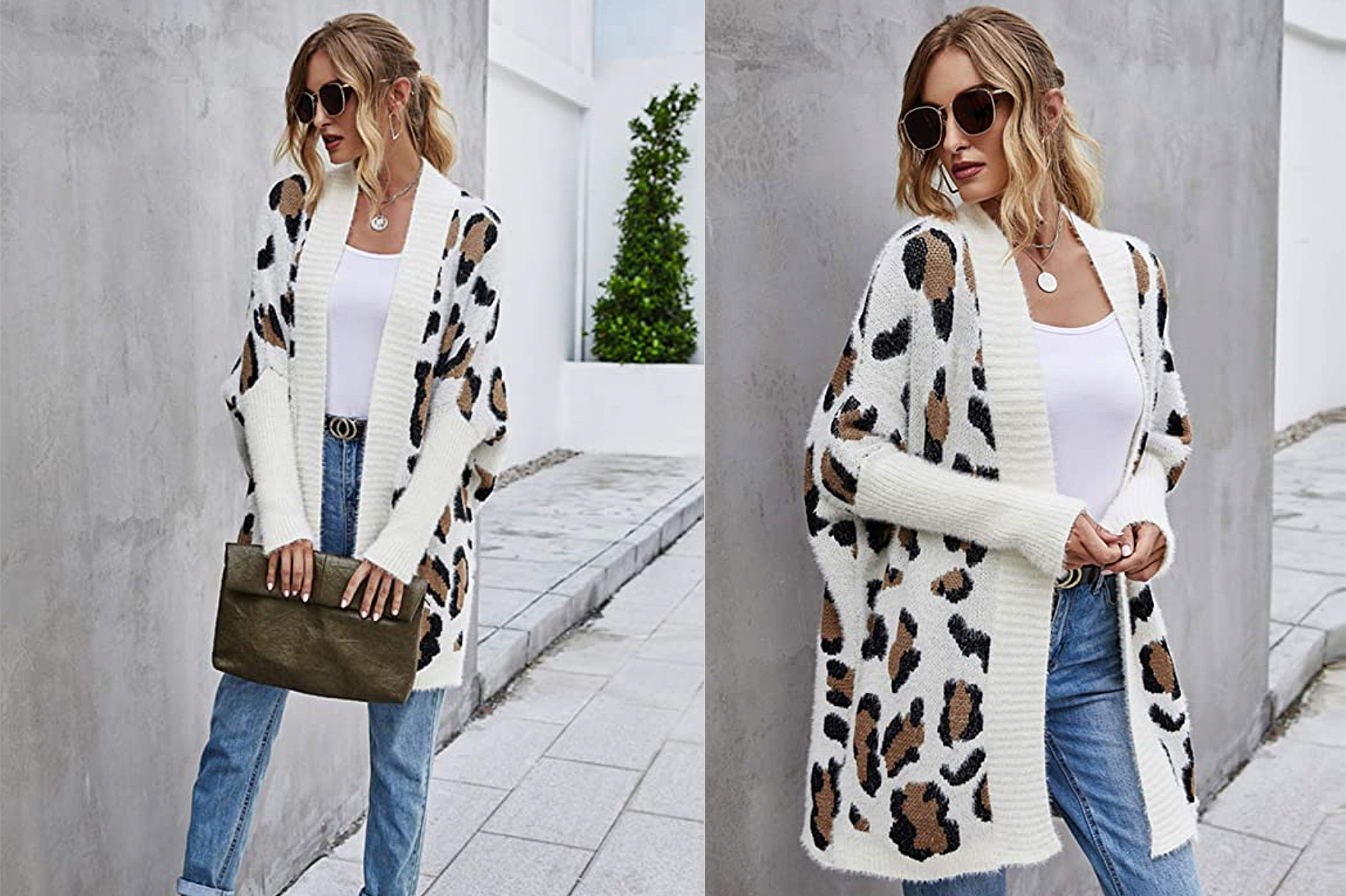 Angashion Women's Long Sleeve Leopard Print Open Front Cardigan Sweater