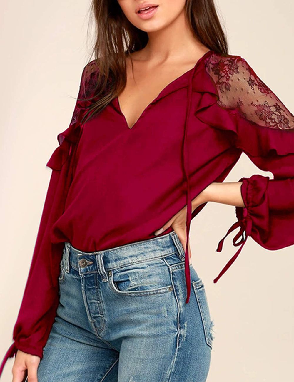 Blooming Jelly Lace Tie V Neck Blouse