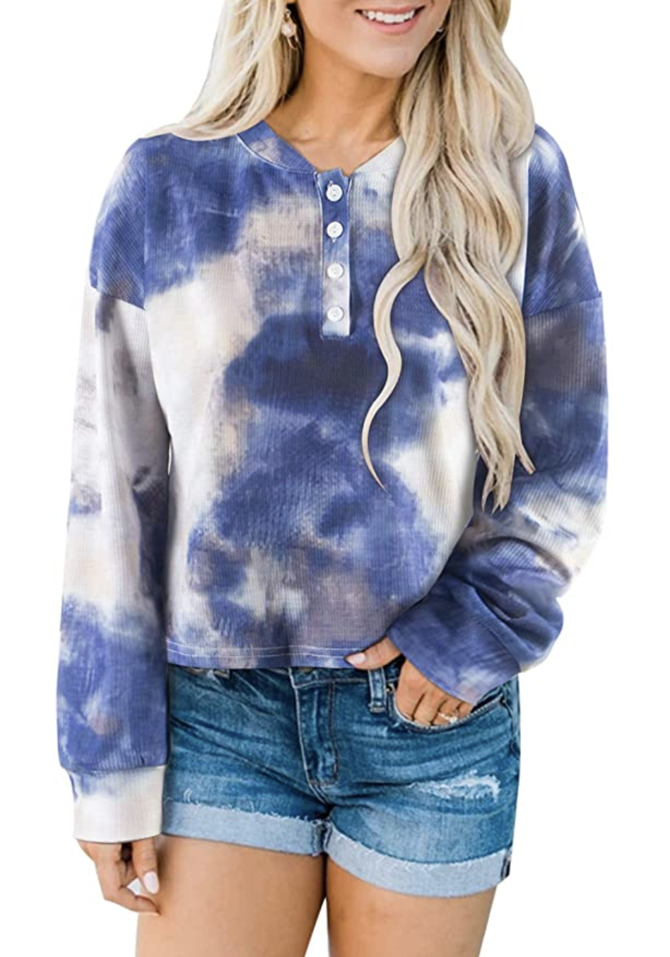 Berryou Women's Long Sleeve Button Waffle Tie Dye Tops