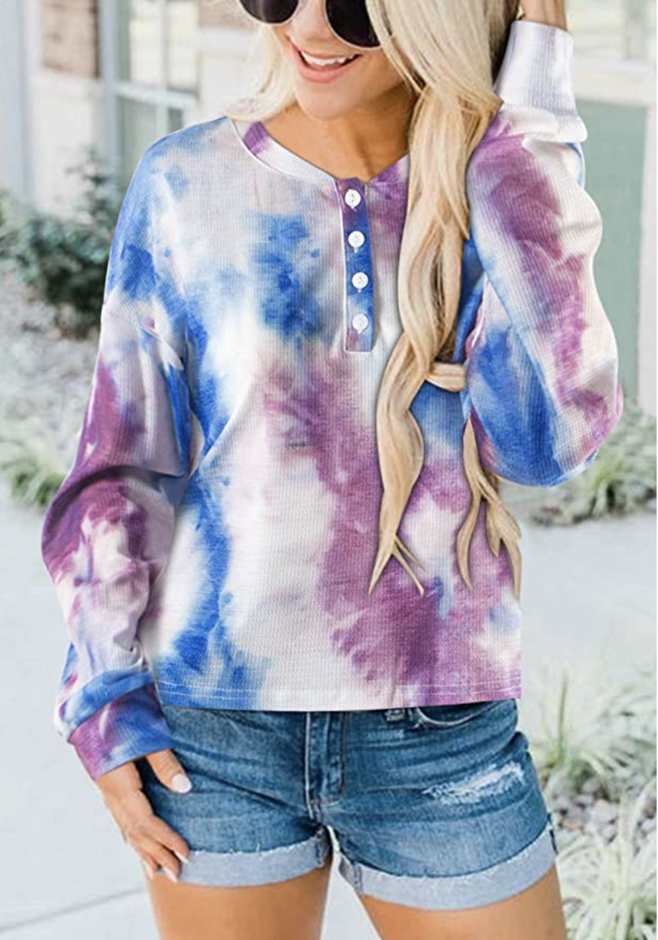 Berryou Women's Long Sleeve Button Waffle Tie Dye Tops