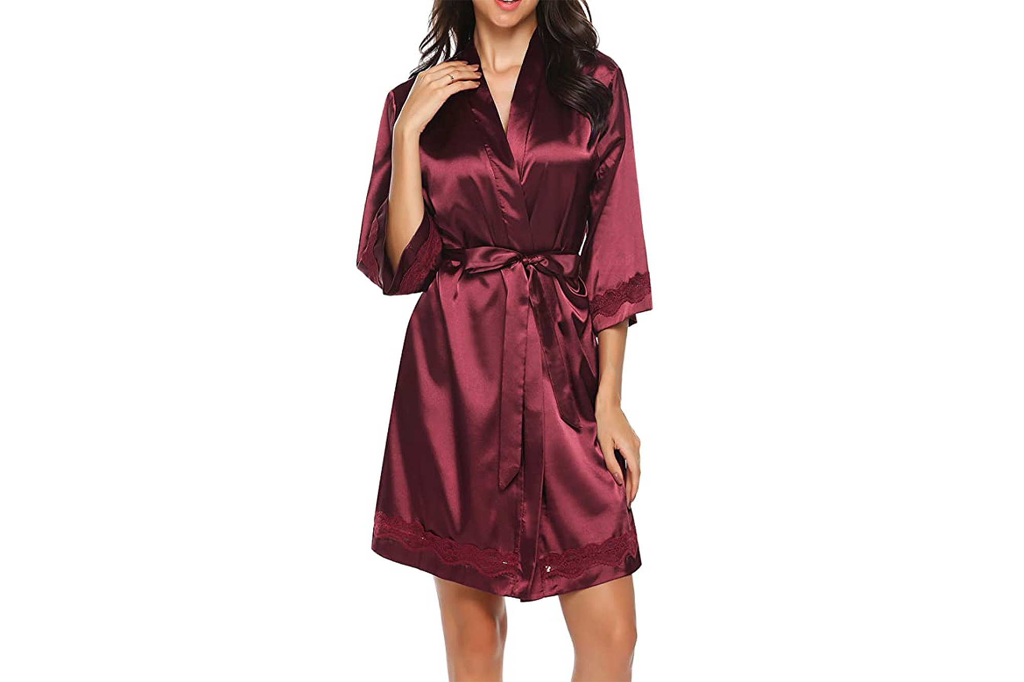 Ekouaer Women's Lace-Trim Kimono Style Short Satin Robe