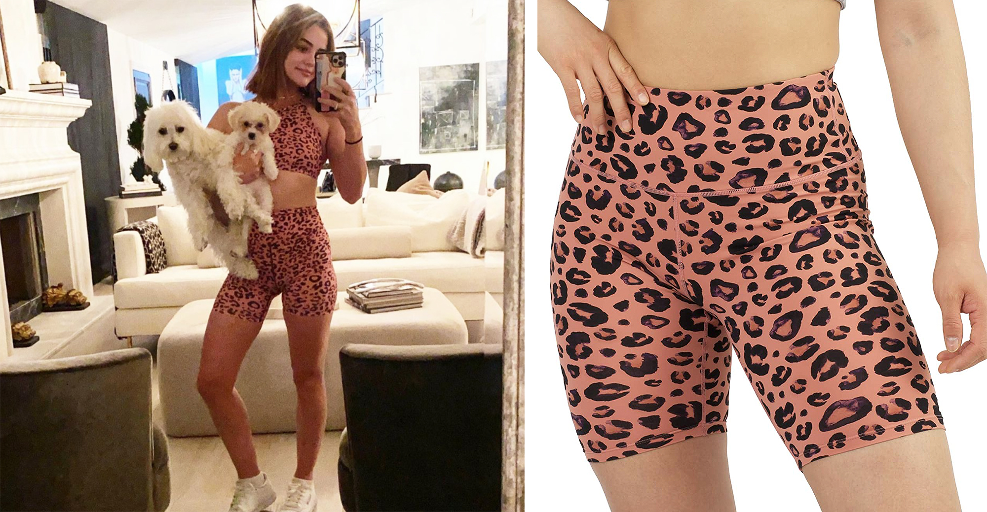 lucy-hale-pink-leopard-shorts