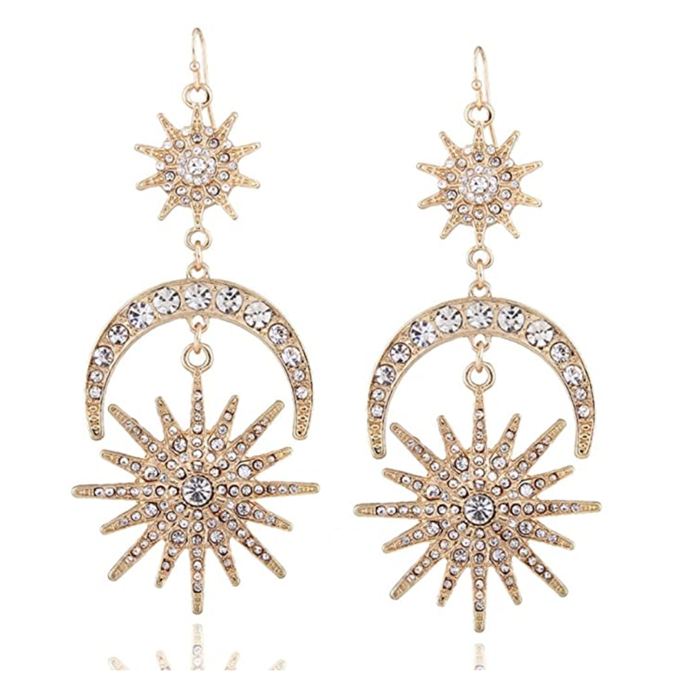 QIAN0813 Exaggerated Luxury Sun Moon Stars Drop Earrings