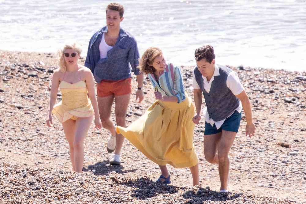 Harry Styles Emma Corrin and David Dawson Skip Down the Beach on My Policeman Set 4