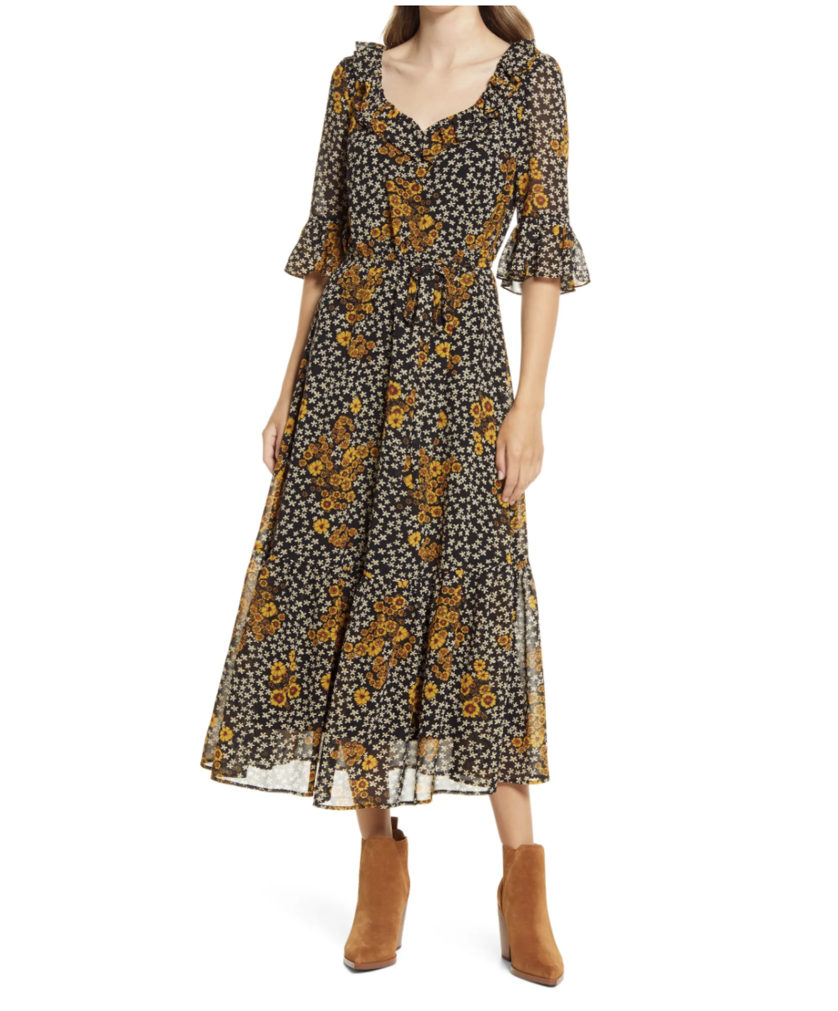 Sam Edelman Floral Ruffle Georgette A-Line Dress