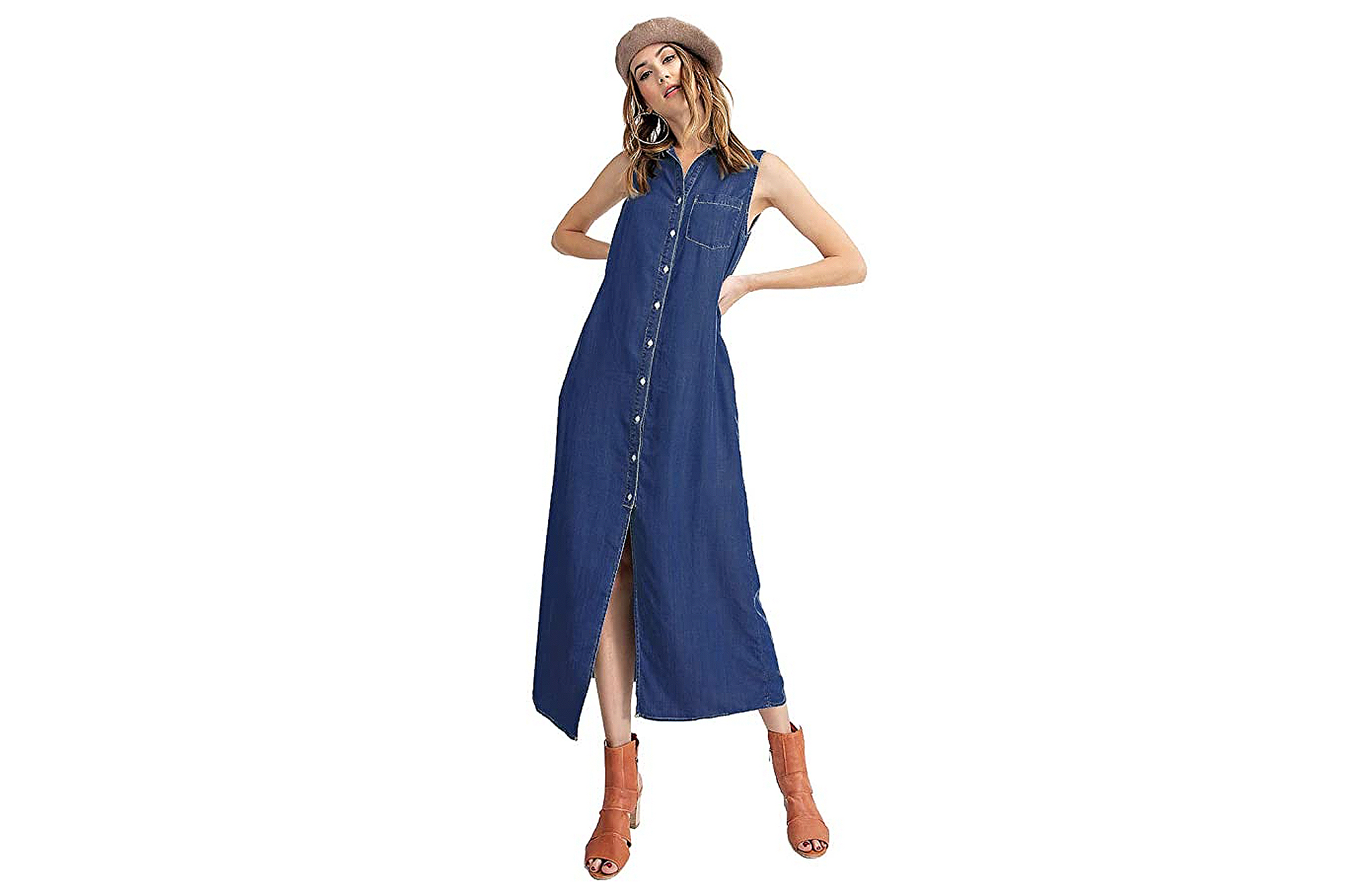 Anna-Kaci Classic Sleeveless Button Down Denim Shirt Dress