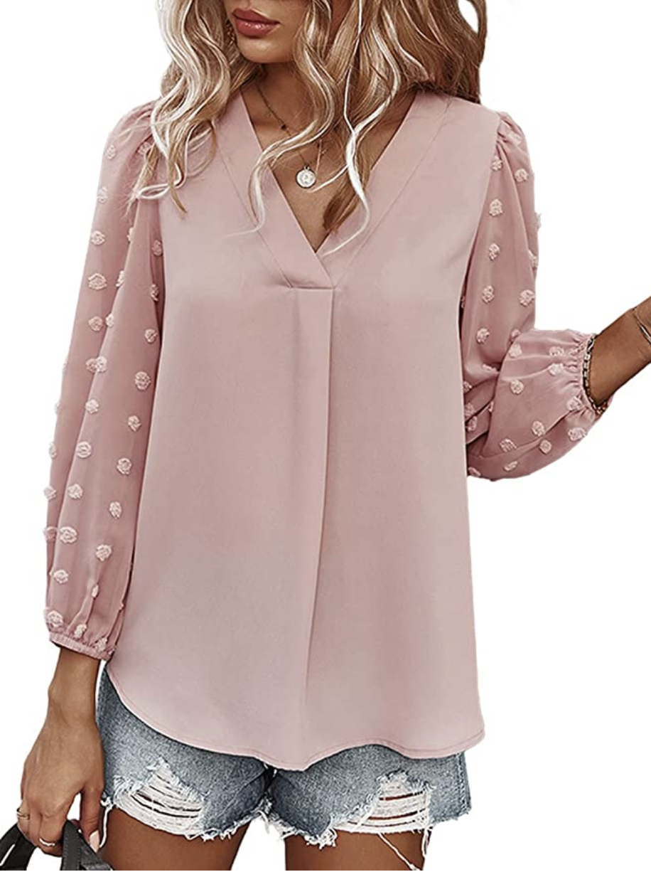 Anna-Kaci Women's Chiffon V Neck Pom Pom Blouse