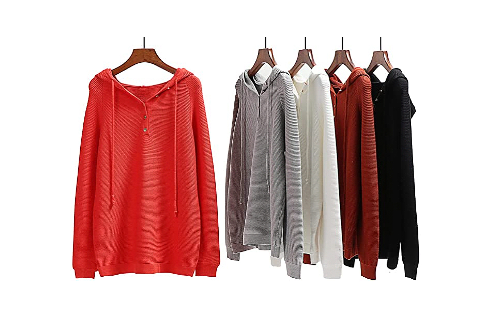 Angashion Women's Pullover Button Up V Neck Knit Hooded Henley Sweater