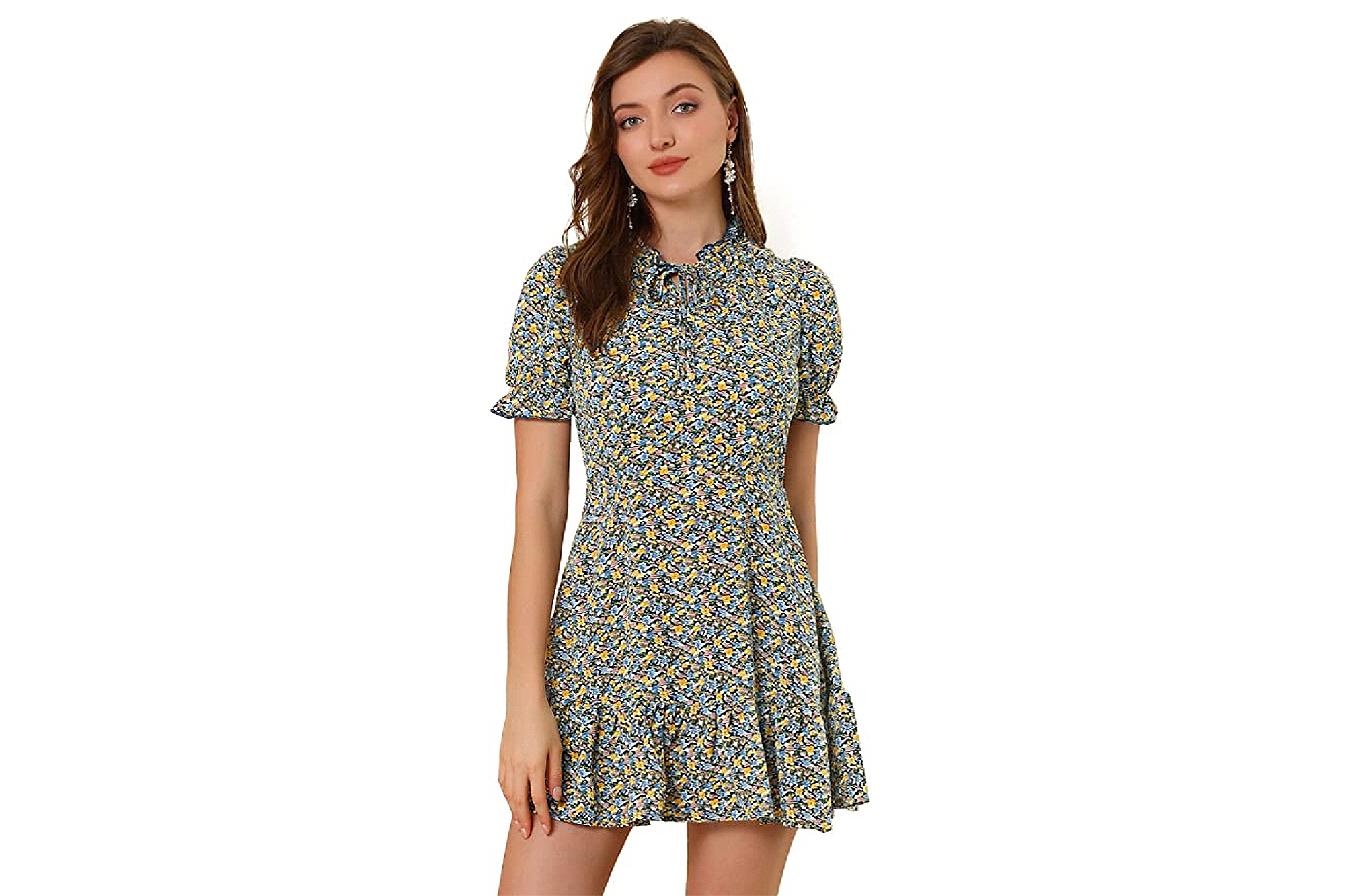 Allegra K Women's Chiffon Floral Puff Short Sleeve Dress
