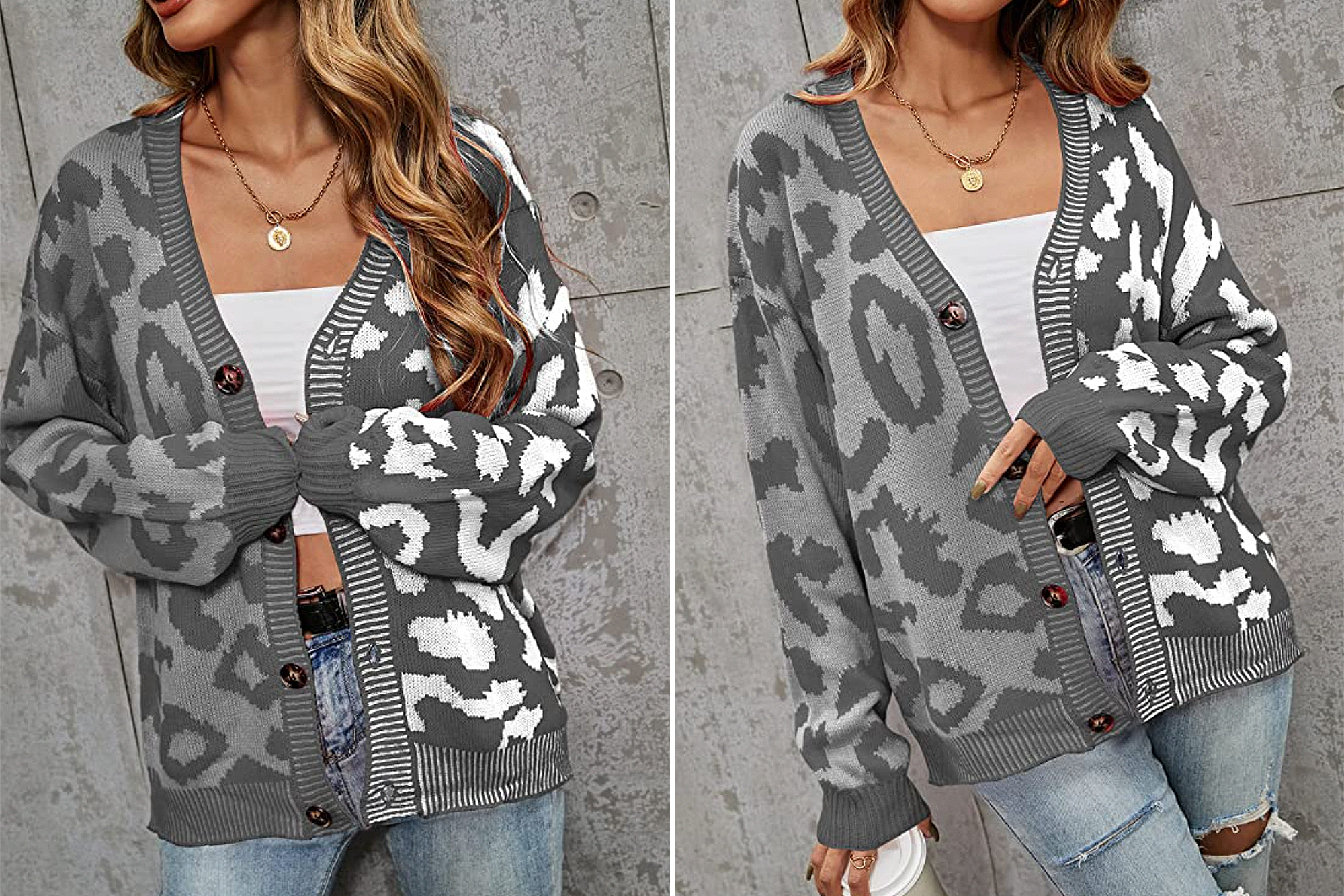 ECOWISH Women's Long Sleeve Button Down Color Block Print Cardigan