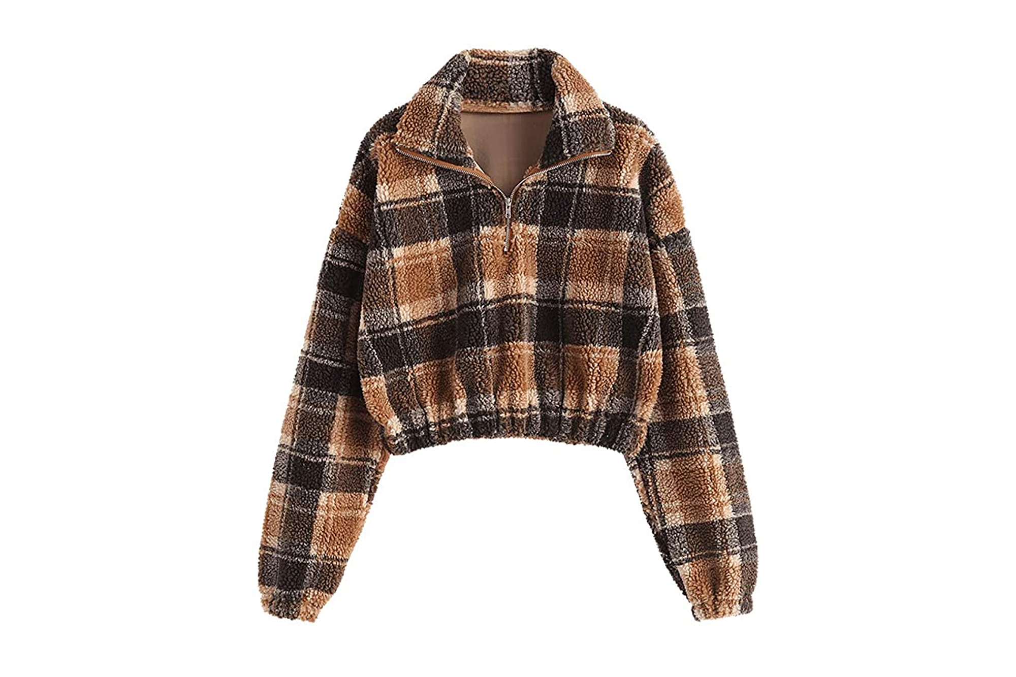 ZAFUL Women's Faux Fur Pullover Half Zip Crop Sweatshirt
