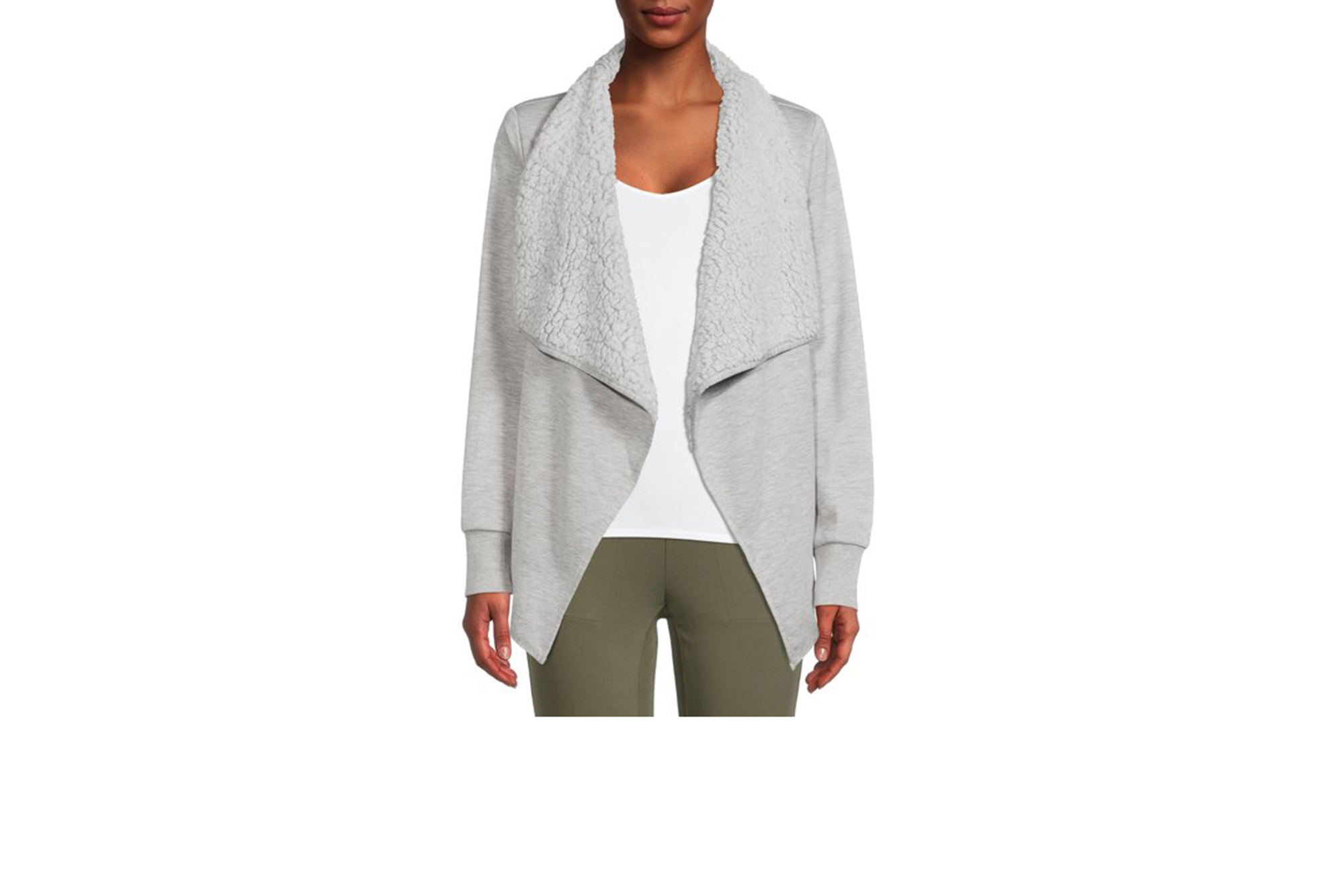 grey cardigan, sweater, sherpa-lined