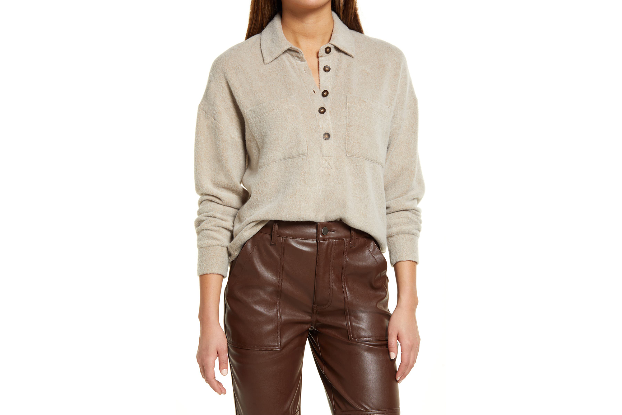 Open Edit Women's Cozy Polo Knit Top