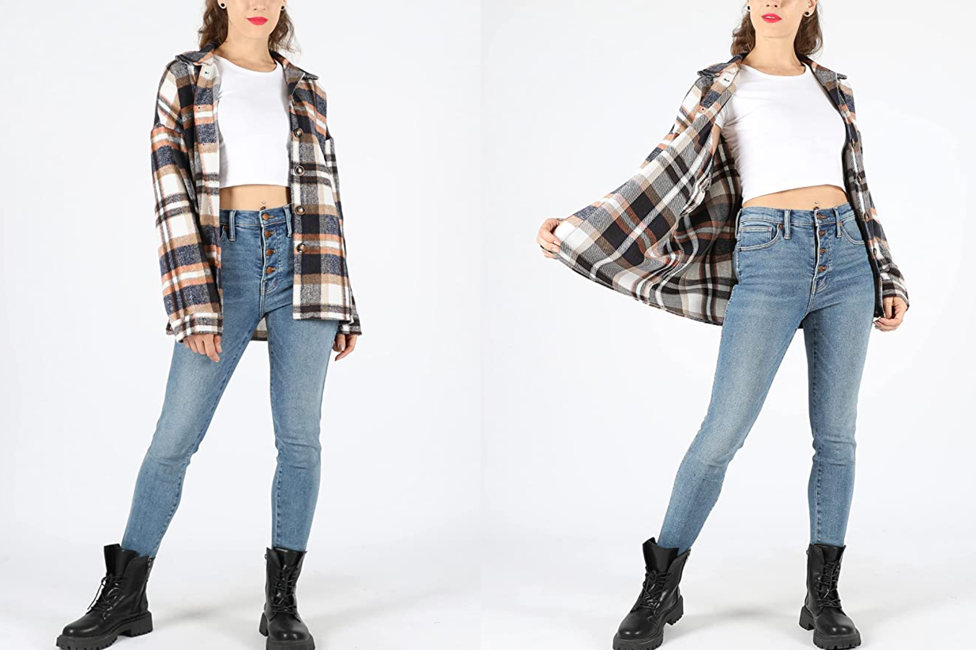 Yeokou Women's Fall Color Block Plaid Flannel Shacket