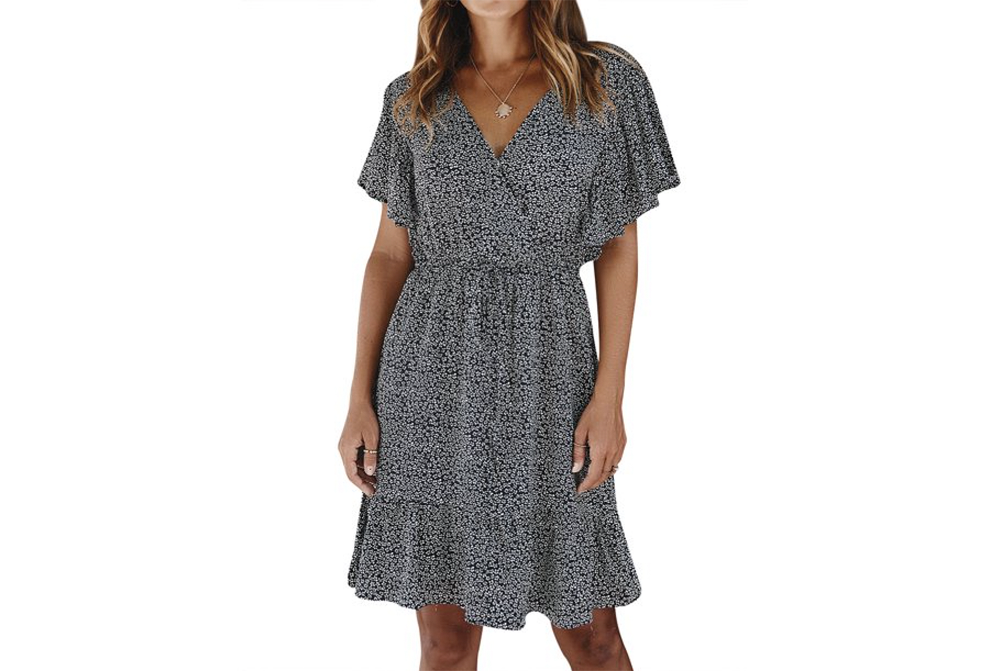 ZXZY Floral V Neck Tie Waist Ruffle Dress