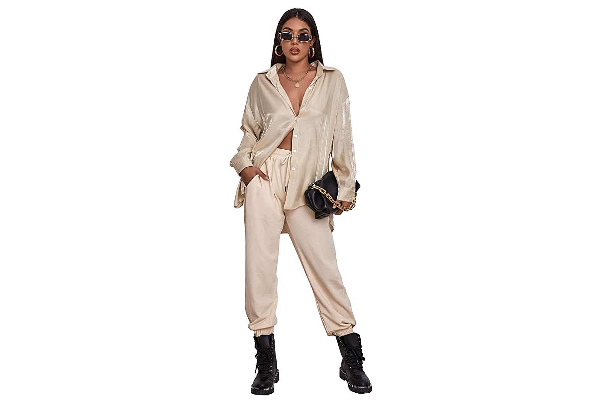 MakeMeChic Women's Oversized Satin Silk Button Down Shirt