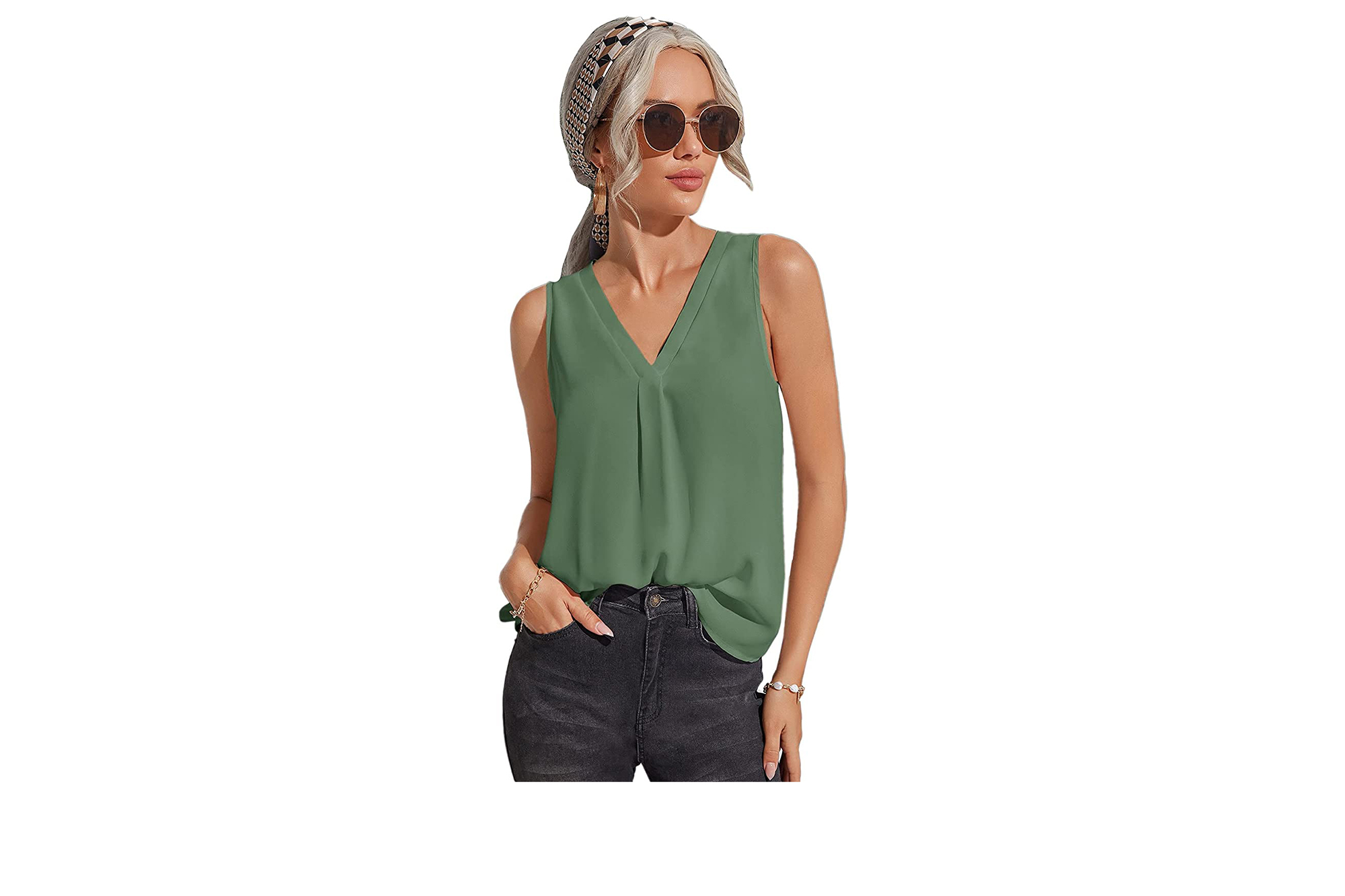 green sleeveless top