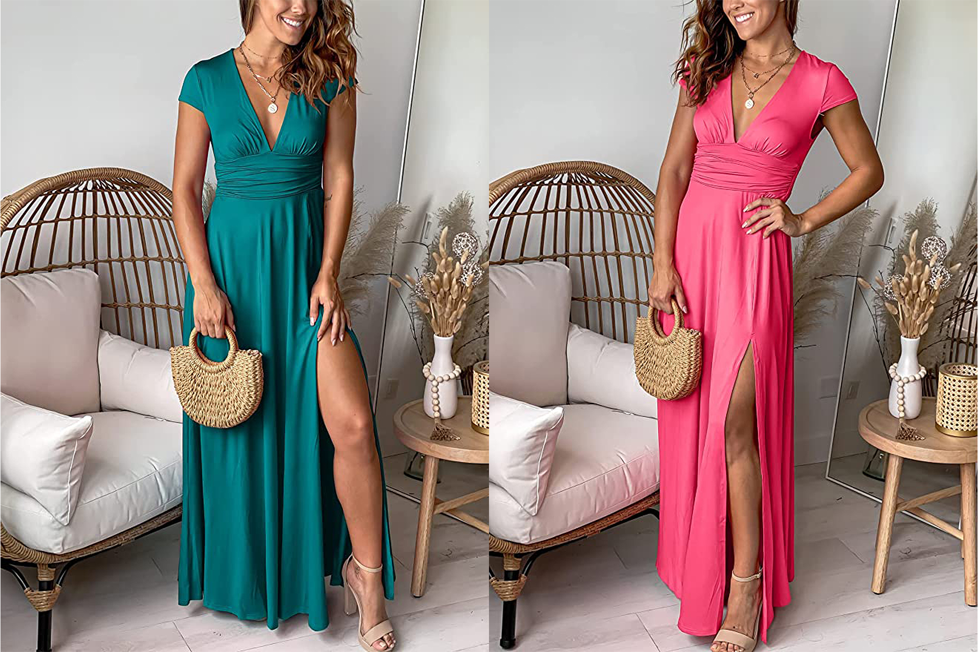 ANRABESS Women's Deep V High Slit Maxi Dress