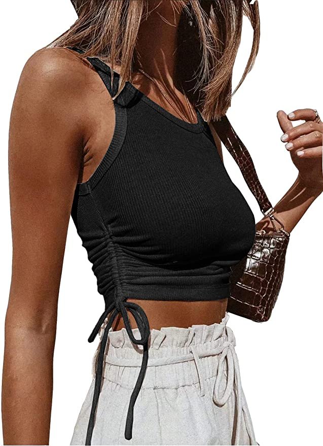 Artfish Women's Ribbed Drawstring Ruched Crop Tank Top