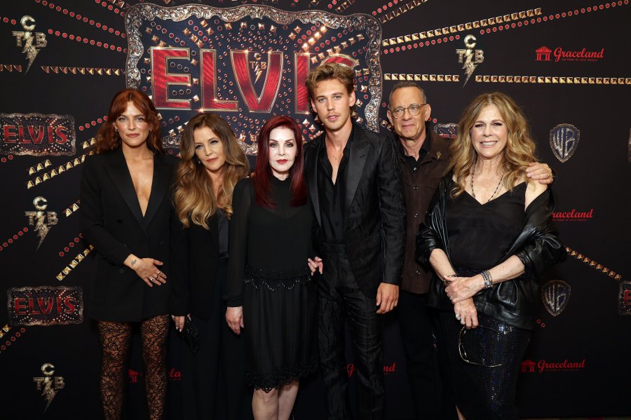 From Left: Riley Keough, Lisa Marie Presley, Priscilla Presley, Austin Butler, Tom Hanks and Rita Wilson