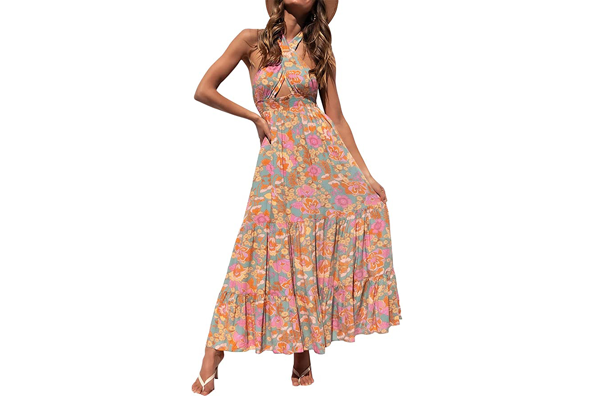 ZESICA Women's Summer Crossover Halter Neck Maxi Dress