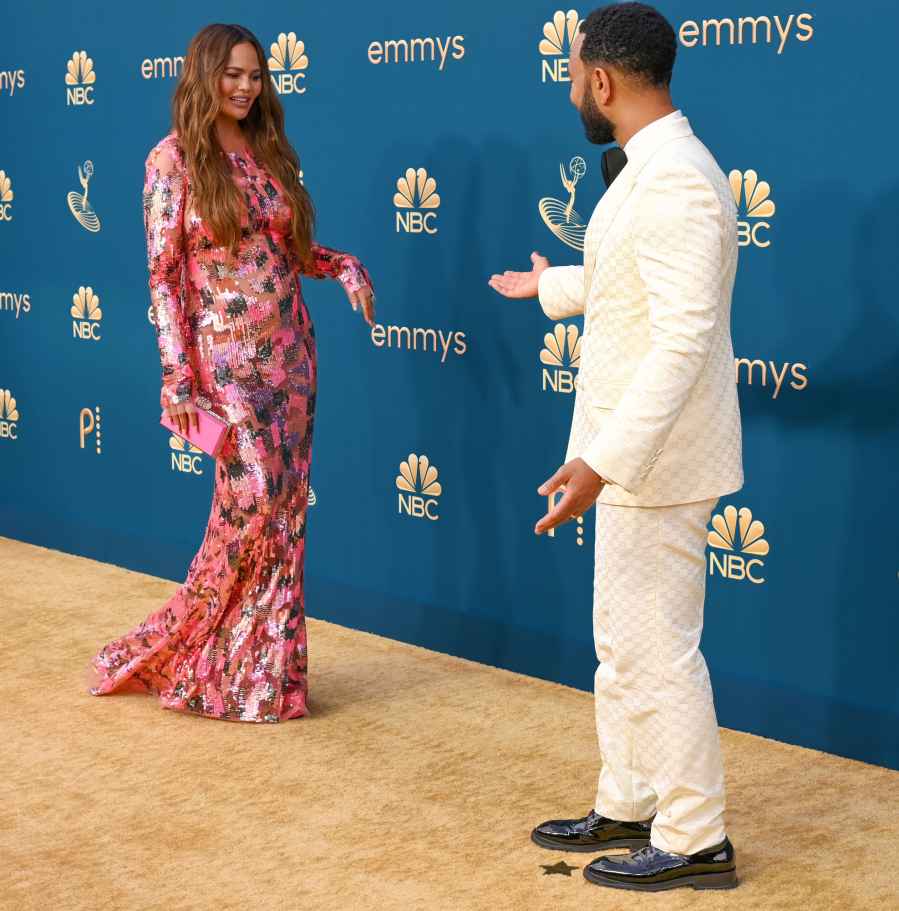 Pregnant Chrissy Teigan Shows Off Her Baby Bump Alongside Husband John Legend at the 2022 Emmy Awards Red Carpet