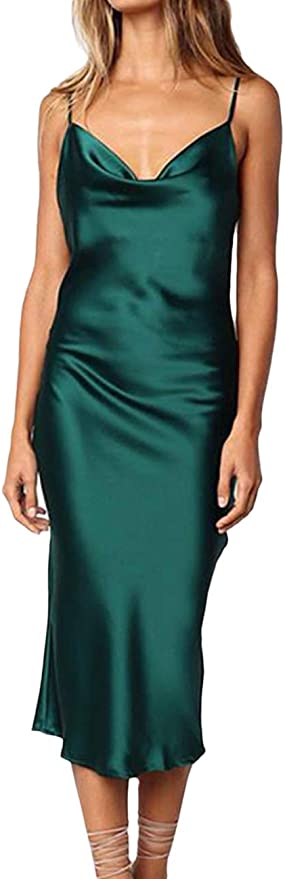 xxxiticat Women's Sleeveless Spaghetti Strap Satin Dress