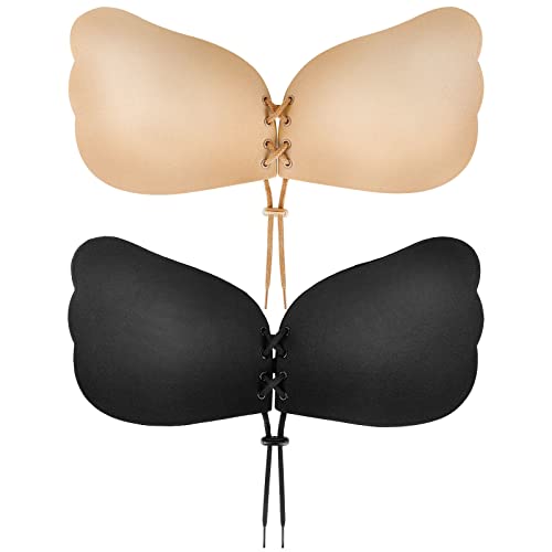 Sticky Bra, Backless Strapless Bra Push Up, Adhesive Invisible Lift Up Bras 2 Pairs Black/Beige