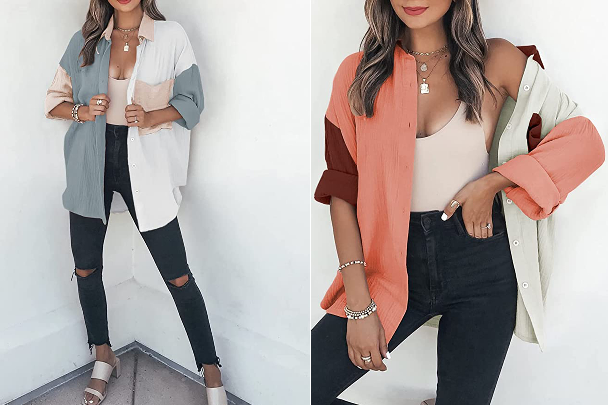 Dokotoo Women's Color Block Button Down Shirt