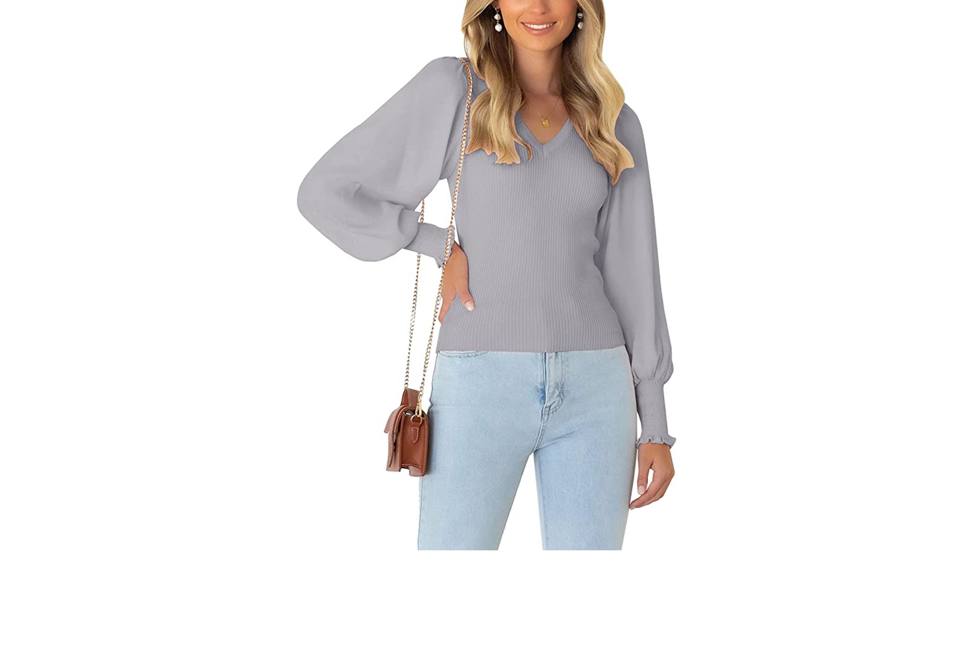 grey V-neck sweater
