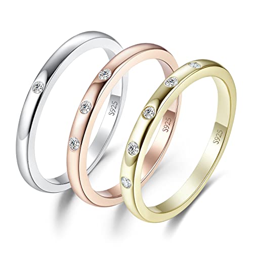 JewelryPalace 14K Yellow Rose Gold 925 Sterling Silver Ring Sets, 3 5 Stones Bezel Cubic Zirconia Stackable Rings for Women, Tri-Tone Anniversary Eternity Wedding Bands Promise Ring for her Size 7