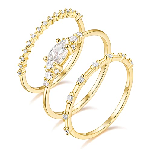 TIGRADE 1.5mm 14K Gold Plated Stacking Rings for Women Girls Fashion Knuckle Thin Gold Ring Marquise & Round Cubic Zirconia Statement Ring Size 3-12 1PC/3PCS, 3PCS, Size 7