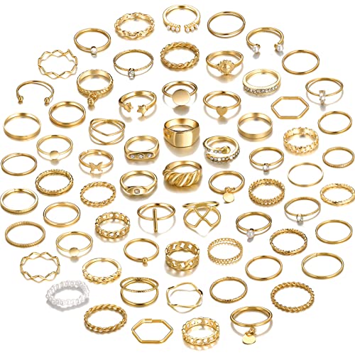 YEEZII 68 Pcs Gold Knuckle Rings Set for Women Girls, Stackable Rings Boho Joint Finger Midi Rings Hollow Carved Crystal Stacking Rings Pack