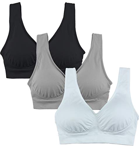 Cabales KINYAOYAO 3 Pack Women's Ultimate Comfy Medium Support Seamless Wireless Sports Bra with Removable Pads,Medium Black White Grey