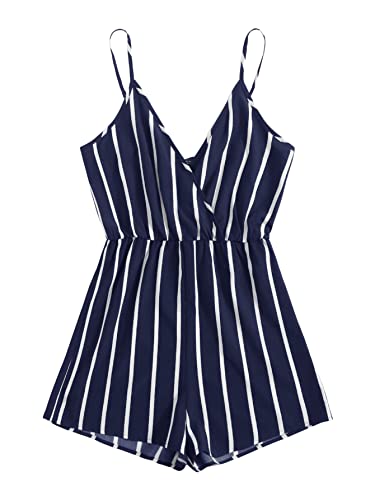 SweatyRocks Women's Boho Floral Print V Neck Beach Shorts Romper Jumpsuit with Belt Dark Blue White XS