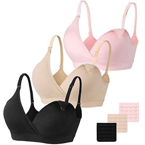 Vinfact Nursing Bra 3 Pack Seamless V Neck Maternity Bra Women Pregnancy Breastfeeding Bra - M,Black/Nude/Pink