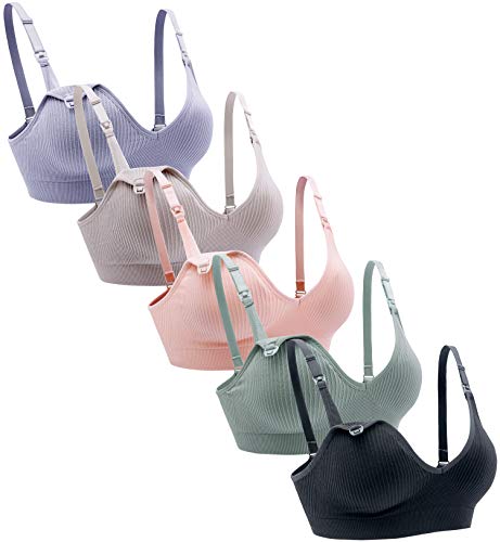 Suekaphin Nursing Bra 5pack Wireless Deep V Neck Maternity Nursing Bra Bralette Sleeping Breastfeeding with Extra Extenders,Medium,SORT Rib Surface-A