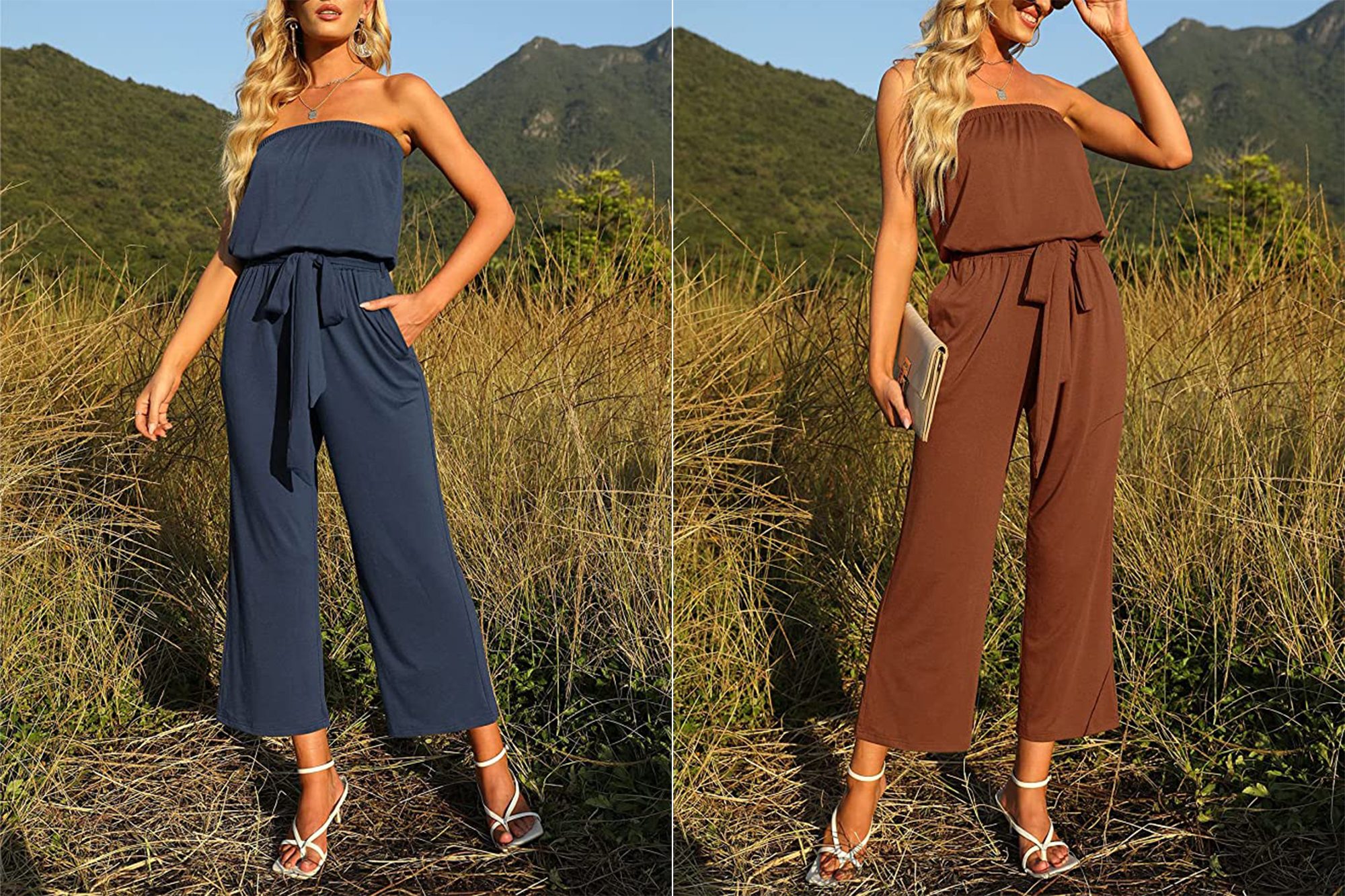 ZESICA Strapless Belted Wide Leg Jumpsuit