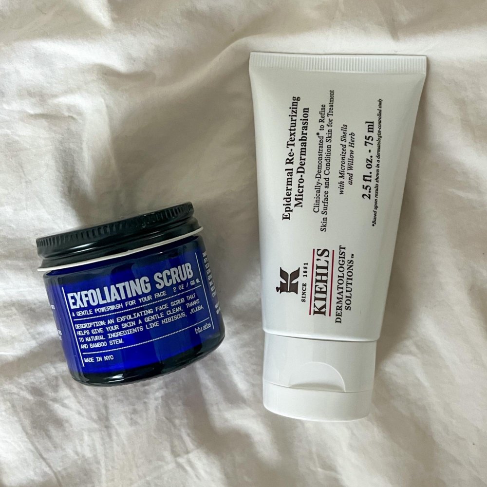 Blu Atlas Exfoliating Scrub (left), Kiehl’s Epidermal Re-Texturizing Micro-Dermabrasion