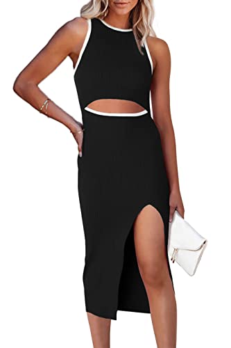 PRETTYGARDEN Women's Summer Midi Bodycon Dresses Casual Crew Neck Side Slit Sleeveless Knit Cut Out Tank Top Dress (Z-Black,Medium)