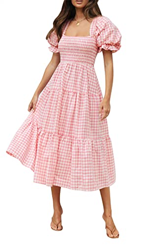 ZESICA Women's 2023 Bohemian Summer Plaid Square Neck Puff Sleeve Ruffle Flowy Beach Midi Dress,Pink,Large