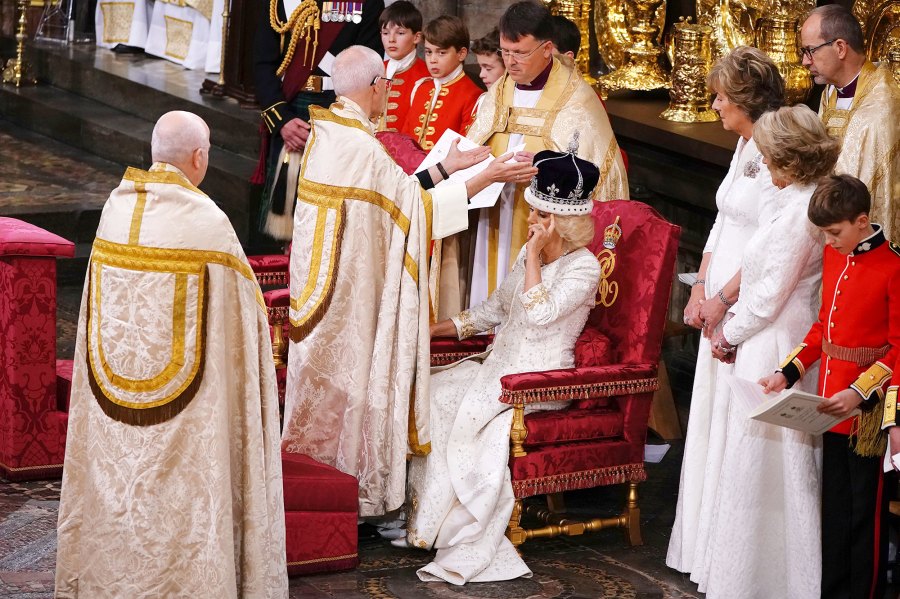 Camilla Adjusts Crown During Coronation Blessing