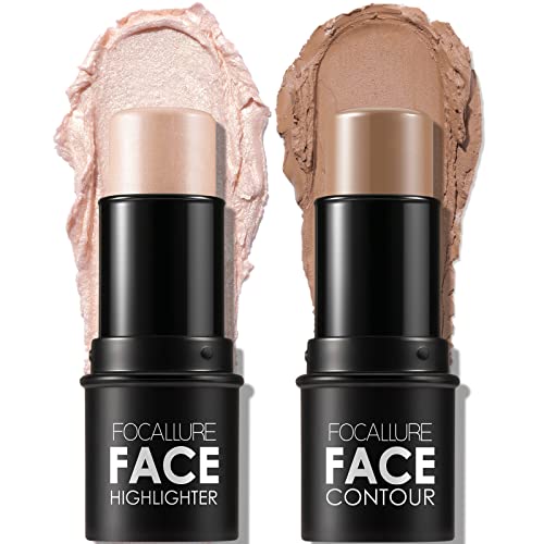 FOCALLURE 2 Pcs Contour Foundation Stick, Highlighter & Bronzer Pen, Face Brightens & Shades Pencil, Highlighting Shade Longwear Makeup, Highlight Bronzer Shaping Trimming Stick,Light-medium