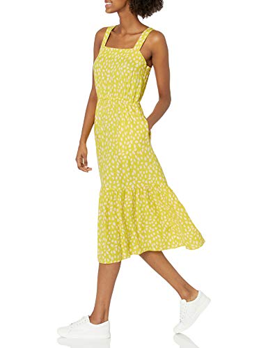 Amazon Essentials Women's Fluid Twill Tiered Fit and Flare Dress, Yellow/Pink, Petal Print, X-Large