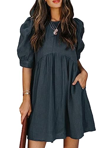Dokotoo Womens Ladies Summer Sun Dress Spring Tunic Dress Round Neck Lantern Solid Color Short Sleeve High Waist Pocketed Mini Short Shift Dress for Party Gray Large