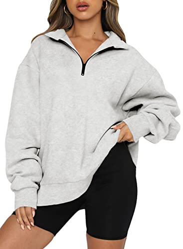 BLENCOT Women Half Zip Oversized Sweatshirts Long Sleeve Solid Color Drop Shoulder Fleece Workout Pullover Gray M