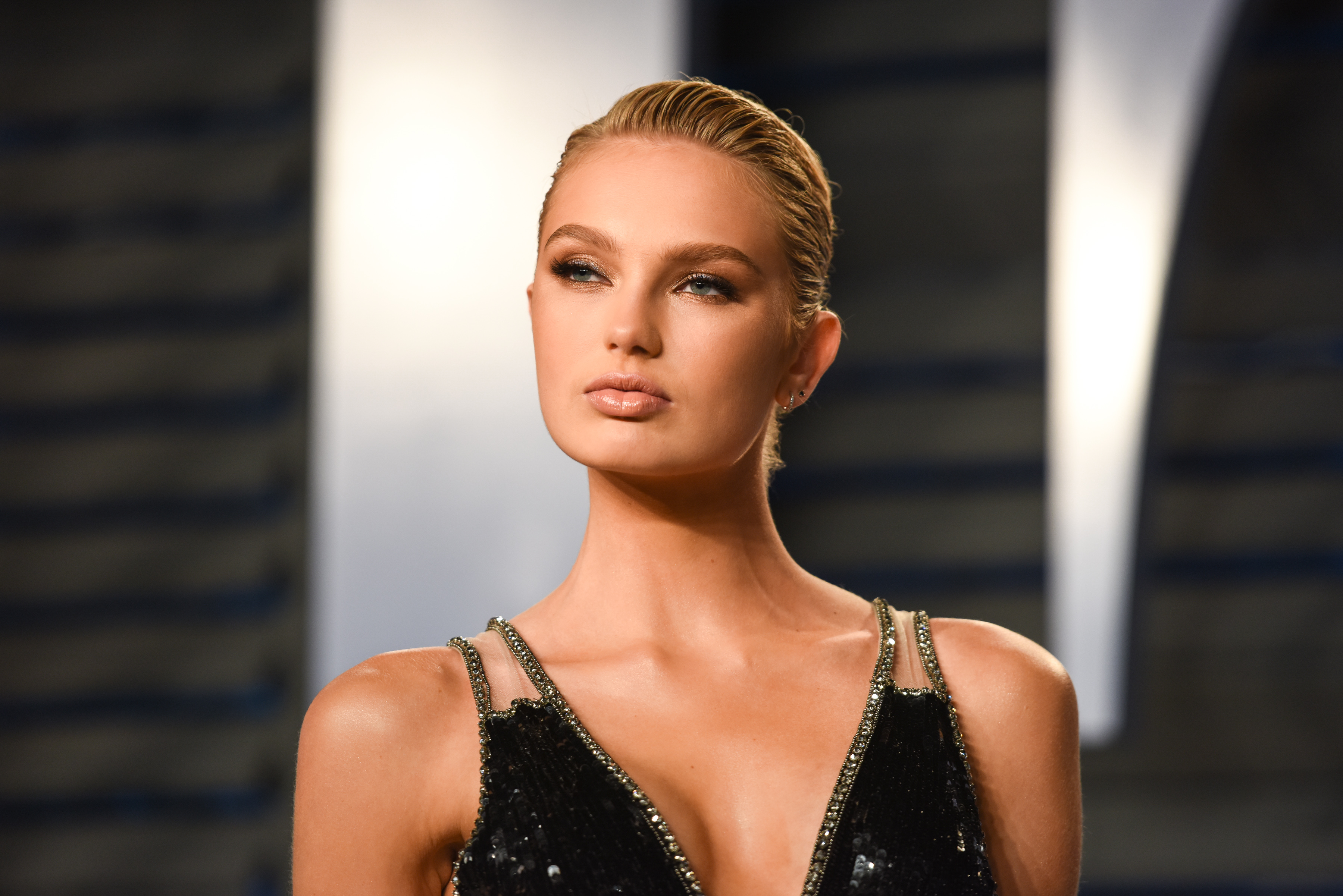 slicked-back hair