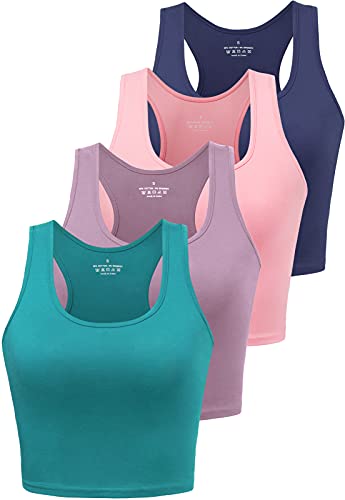 Joviren 4-Pack Cotton Workout Crop Tank Tops for Women - Yoga, Athletic, Sports, Exercise Undershirts - Navy, Teal, Blue, Purple, Pink (M)