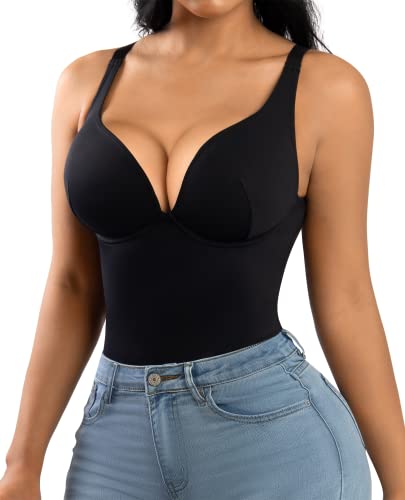 FeelinGirl Shapewear Bodysuit Tummy Control Slim Body Shaper Deep V Neck Corset Tops Thong Body Suits for Women